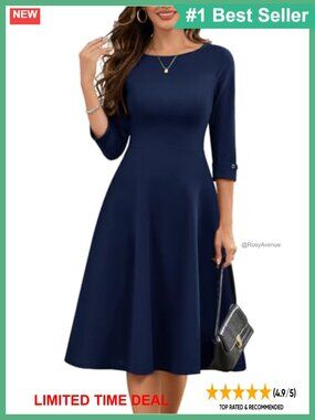 Fit and Flare Midi Dress 3/4 Sleeve Modest Church Work Dress with Pockets